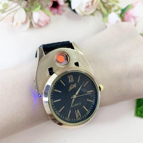 1pcs Creative USB Charging sports Lighter Watch Mens Casual Quartz Wristwatches with Windproof Flameless Cigarette Lighter
