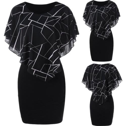 40# Elegent Chiffon Dress Women Casual Plus Size Printed O-neck Mini Tight Dress Robe Femme Ruffles Sleeve Summer Dress 2021