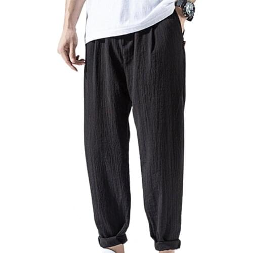 Summer Men Pants Casual Polyester Mid Waist Super Thin Drawstring Solid Color Multi Pockets Harem Pants Trousers Sports men