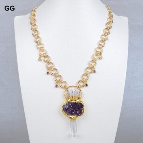 GuaiGuai Jewelry Natural Purple Amethysts Quartzs Druzy Pendant Necklace Gold Color Plated Chain Necklace 20" For Women