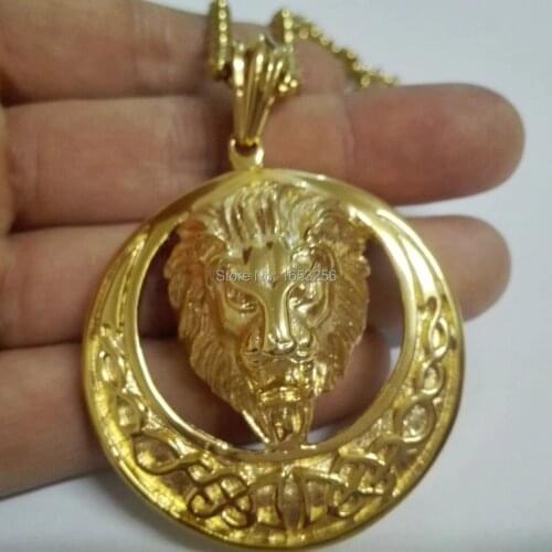 For Friends Holiday Gifts Jewelry Classic Men Stainless Steel Gothic Biker Large Lion Head Round Pendant Necklace 22" Rolo Chain