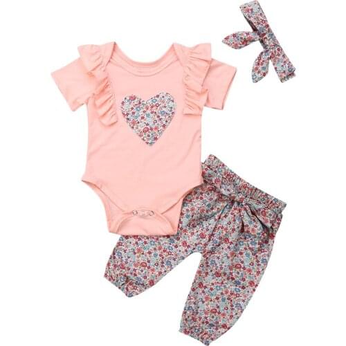 Baby Girl Clothes Newborn Outfit Infant Clothing Set Floral Heart Short Sleeve Romper+Pants+Headband 3 Pcs