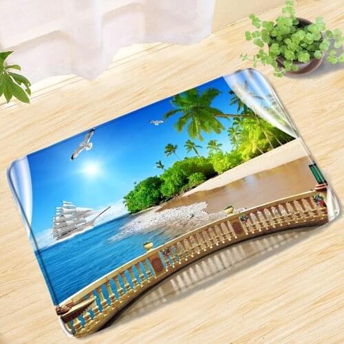 Windowsill Blue Ocean White Sailing Coconut Tree Bath Mat Nature Scenery Non-Slip Entrance Door Mat Bathroom Mat Rug Carpet