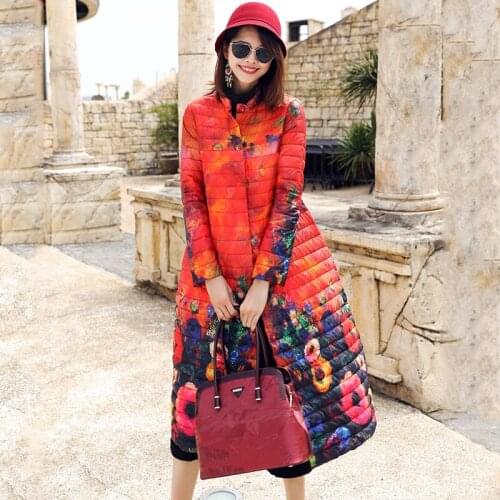 90% White Duck Jacket Women 2020 New Autumn Winter Printted Long Parka Female Single Button Down Coat manteau femme LX2436