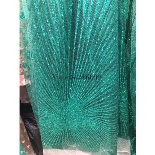 Top selling shinning french net fabric BZL-9104 with glued glitter sequins lace for sexty dress in green color