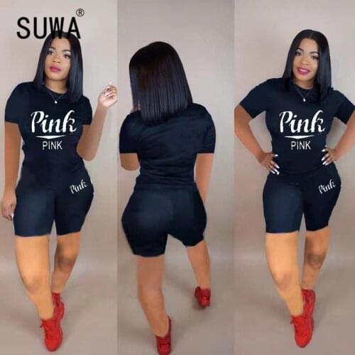 Hot popular women set pink letter print summer short sleeve 2 pieces top and shorts set lady tracksuit