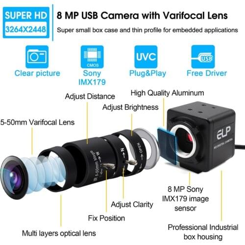 MJPEG 15fps 3264X2448 8MP Webcam Sony IMX179 Manual Focus/Varifocal CS Mount lens Industrial Box Inside Surveillance USB Camera