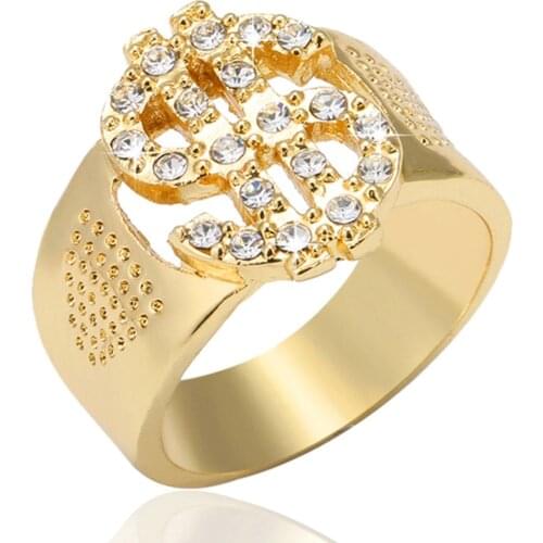 Hip Hop Men US Dollar Sign Full Rhinestone Money Signet Wedding Band Ring Women Rock Gold Ring Jewelry bague homme Shellhard