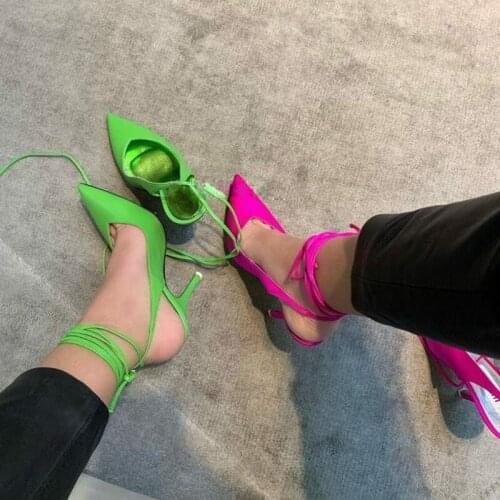 Newest Ankle Wrap Lace-up Pointed Toe High Heel Pumps Cut-out Deep V Style Shallow Dress Shoes Green Purple Satin Runway Shoes