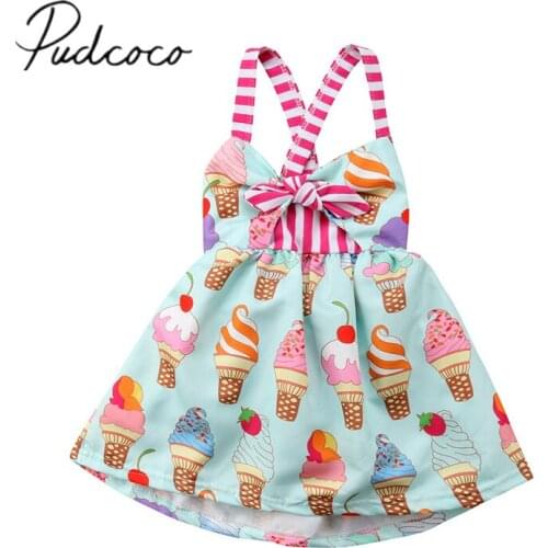 2018 Brand New Infant Princess Girls Summer Toddler Kid Sleeveless Ice Cream Print Strap Tutu Party Dress Sundress Clothes 6M-5T