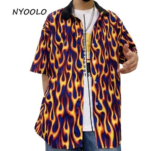 NYOOLO Summer Streetwear flame print dance shirt Vintage loose short sleeve hip hop boyfriend shirt women men clothing tops