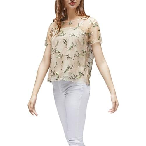 Sexy Wild Mesh Lace Flower Embroidery Breathable Round Neck Short-sleeved T-shirt Picture Color XL