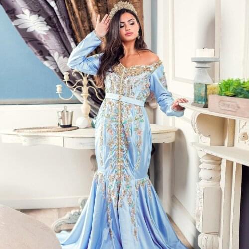 Sexy Sky Blue Moroccan Caftan Evening Dress Off-The-Shoulder Mermaid Floor Length Formal Dubai Muslim Prom Dress Plus Size