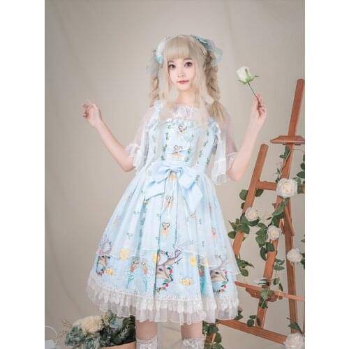 Pastoral style sweet lolita dress vintage lace gauze bandage bowknot cute printing victorian dress kawaii girl gothic lolita jsk