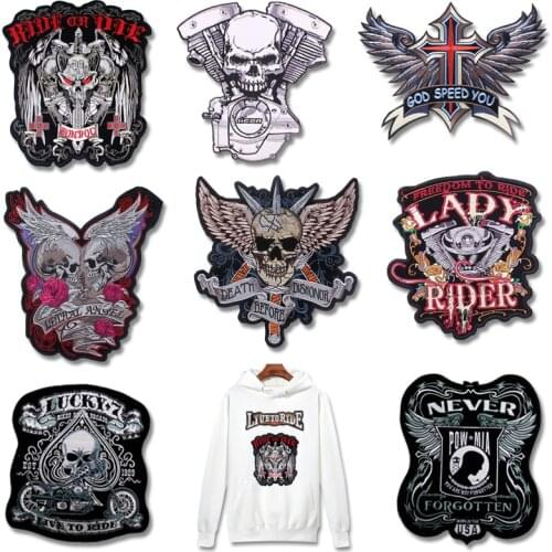 Prajna Big Punk Skull Patch Iron Biker Morale Wings Back Patch Badge Large Embroidery Patches for Clothes Jacket Jeans Appliques