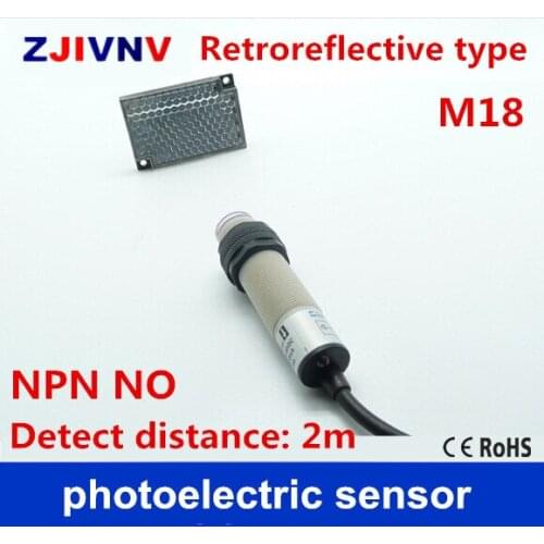 Retroreflective type M18 NPN NO DC 3 wires photoelectric sensor photocell switch with mirror reflector, distance 2m CE approval