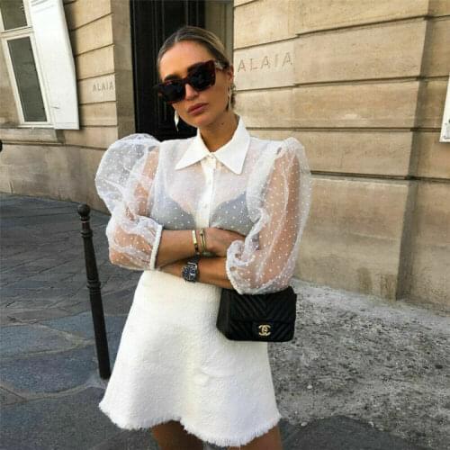 Sexy Autumn Women Lace See-through Sheer Mesh Polka Dot Puff Sleeve O neck Top Blouse Club wear Shirts Free Shipping