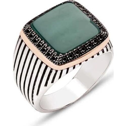 Silver Green Agate Stone Black Zircon Embellished Stripe Case Men 'S Ring