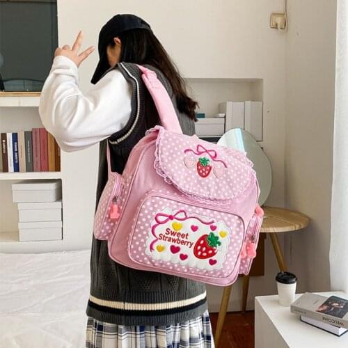 Girl Embroidery Strawberry School Backpack Childrens Schoolbag Student Girls Birthday Gift Japanese Style Cartoon Daypacks Cute