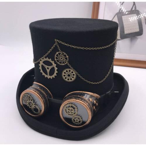 Takerlama Vintage Steampunk Gear Glasses Floral Black Top Hat Punk Style Fedora Headwear Gothic Lolita Cosplay Hat 17 cm