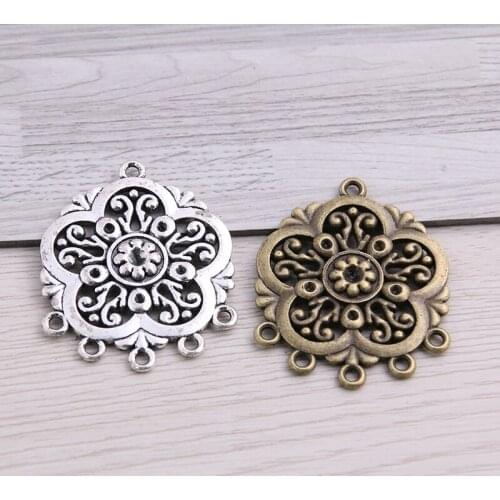 SWEET BELL 6pcs 32*40mm Two Color Zinc Alloy Vintage Round Hollow Flower Connectors Pendants Jewelry Making DIY Handmade Craft