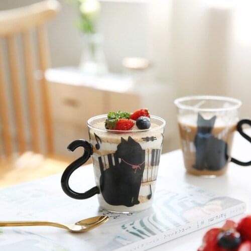 Lovely Cat Glass Cup with Handle Tea Wine Milk Couple Glass Cup Cartoon Home Office Coffe Mug Kitchen Print Design Accessories