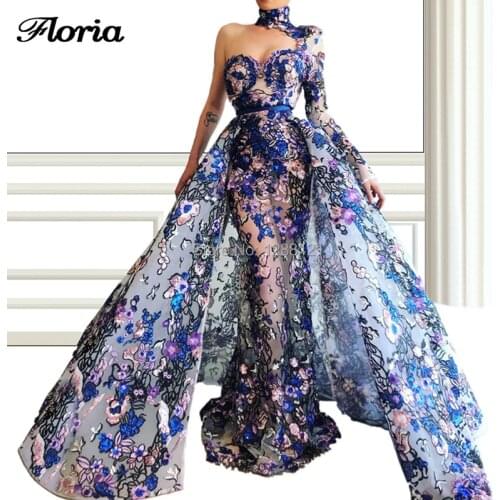 Flowers Arabic Dubai One Shoulder Evening Dresses Long Sleeve Prom Dress Turkish 2019 Islamic kaftans Two Piece Party Gown Robe