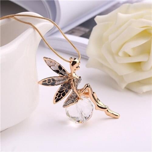 Vintage Fairy Necklace Pendant Sweater Chain Necklace For Women Charm Crystal Angel Wing Butterfly Necklace Jewelry