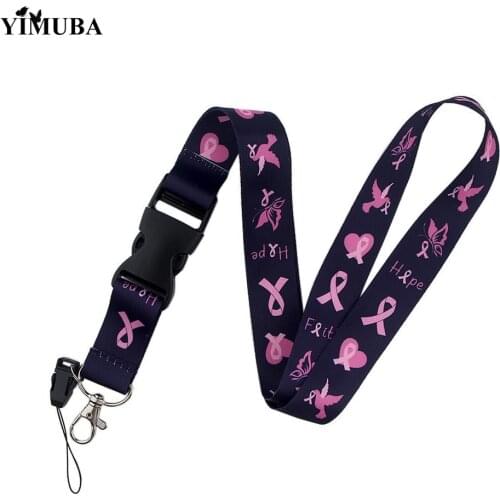 YIMUBA Fashion Breast Cancer Awareness Lanyards Key Chain Hope Faith Love Pink Ribbon Multifunction Keychain Mobile Phone Straps