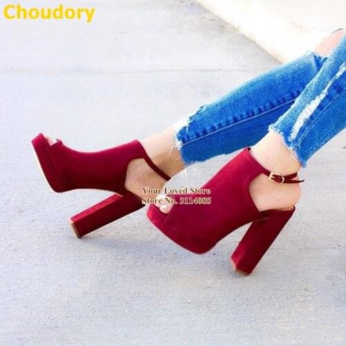 Choudory Wine Red Suede Chunky Heels Open Toe Ankle Boots Buckle Strap Gladiator High Heel Dress Pumps Size46 Dropship Footwear