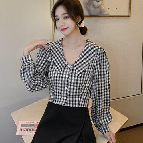 Retro plaid shirt women casual blouse french style peter pan Collar plaid blouse ladies elegant vintage basic all-match shirt