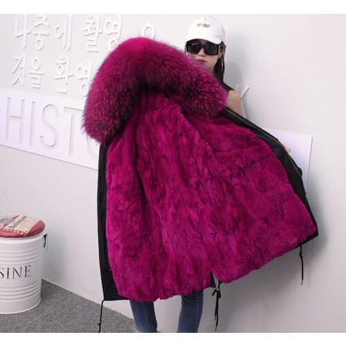 X-long Detachable Rabbit Fur Linner Winter Womens Parkas Coat 2018 New streetwear Purple Fur Hooded Female Solid fur jacket