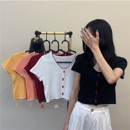 2020 Summer Women T-shirts Flounce Hem Tee Female Buttoned Up Tops V-Neck Solid Cotton Knit Short Sleeve T-shirt