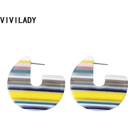 VIVILADY European Brand U Shape Women Acrylic Hoop Earrings Acetic Acid Colorful Stripe Round Imitation Resin Lady Major Brinco