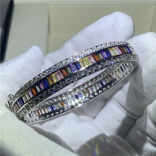 Luxury Jewelry Bangle 925 Sterling Silver Multi AAAAA Cubic Zircon Full Princess Cut CZ Charm Women Wedding Bangle Gift