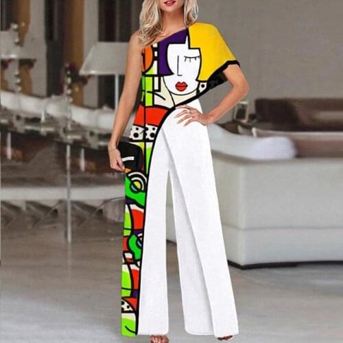Colorful Ladies Face Print Slim Jumpsuits Summer Off Shoulder Diagonal Collar Sexy Rompers Women Loose Straight Wide Leg Pants