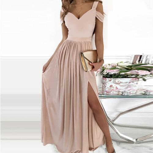 Women Summer Sleeveless Draped Lady Party Dress Spring One Shoulder High Slit Maxi DressSexy Skew Collar Hollow Out Long Dress
