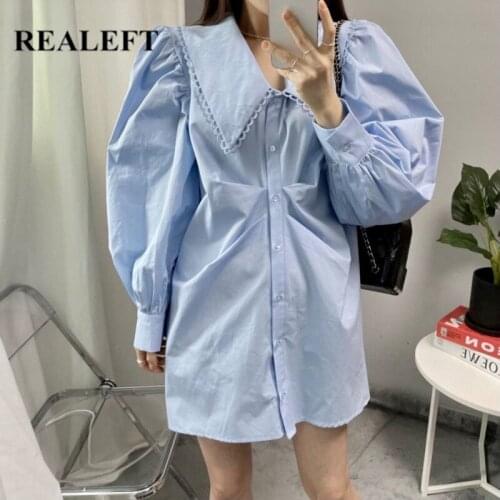 REALEFT 2021 New Spring Autumn Womens Shirt Dresses Puff Sleeve Single Breasted Korean OL Casual Loose Shirt Mini Dress Ladies