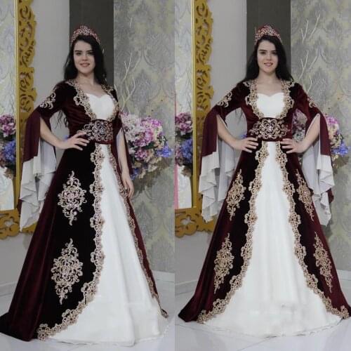Gy Appliques Long Sleeve Islamic Dubai Prom Dress Long Elegant Formal Evening Gown Burgundy And White Velour Kaftan Evening Dres