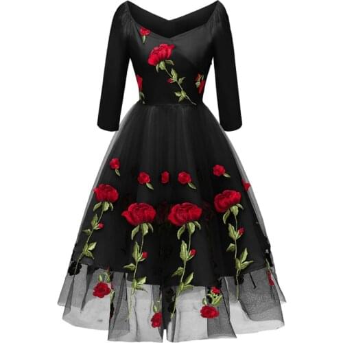 Women Dress Spring Long Sleeve A-line Female Long Dress Rose Embroidery Pattern Lace Dress Girl Dress S-XXL