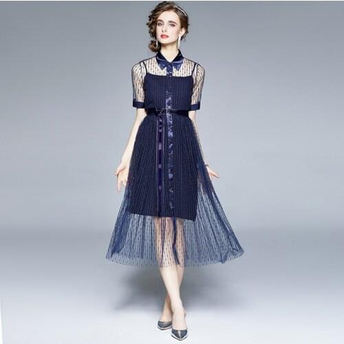 Summer Fashion Runway Mesh Patchwork Party Dress Women Elegant Vintage Short Sleeve High Waist Midi A-Line Dress