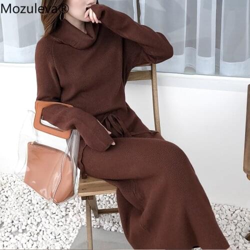 Mozuleva New 2020 Autumn Winter Women Dresses Turtleneck Oversize Drawstring Knitted Elegant Wild Ladies Long Dresses femme