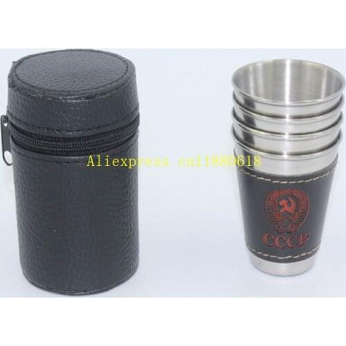 200sets/lot Fast shipping 4pcs/set 70 ml stainless steel Cup wine mug PU leather small wine Leather cup