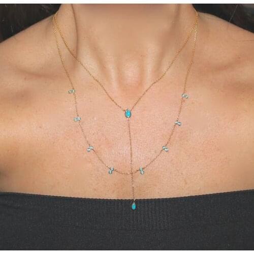 High quality minimal delicate Multi Layer bar Chain Necklaces for Women sexy Y shape Blue Stone gold color chain wedding jewelry