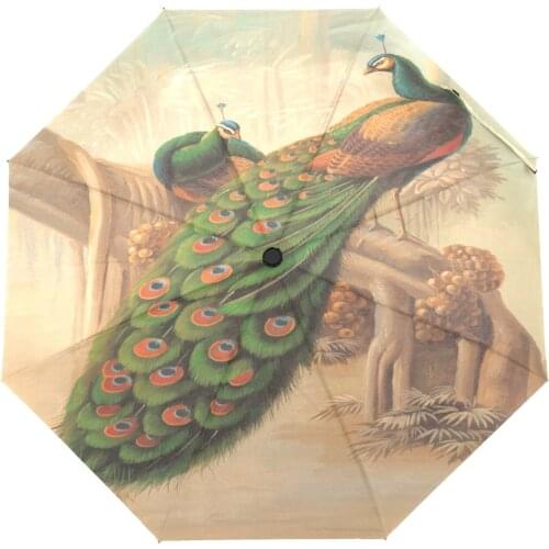 Elegant Peacock Pattern Umbrella Windproof Sun Protection Women Automatic Umbrella Three Folding Girl Portable Umbrella Parasol