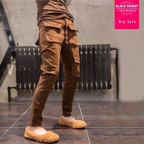 European station 2018 autumn new womens fashion personality rivet jeans female casual denim trousers Multi-pocket pants L1161