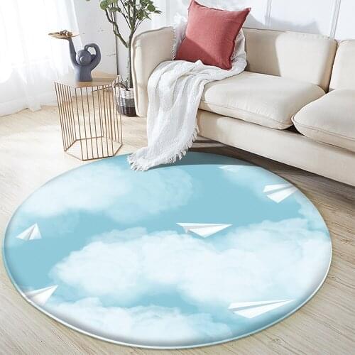 Top Fashion Blue Sky and White Clouds Pattern Flannel Round Carpet Non-Slip Carpet Bedroom Living Room Decor Carpet