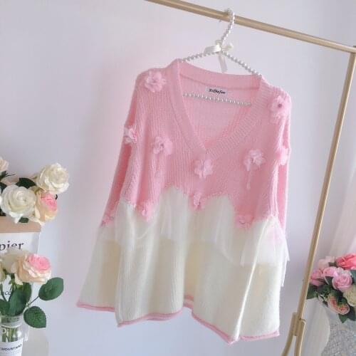Kawaii Soft Girl Sweater Lace V-neck Studded Net Yarn Lace Sweater Stitching Thick Stick Needle Long Knitted Sweater Women