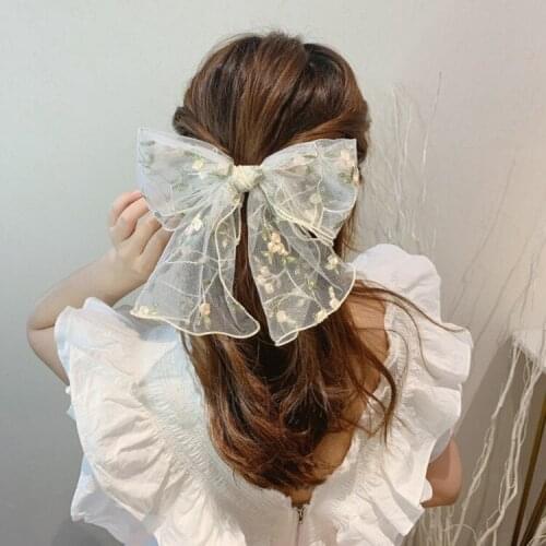 Korean Style White Gauze Lace Big Bow Hairpin Hair Rope Embroidered Flower Temperament Hair Accessories Girls Floral Bows Clips