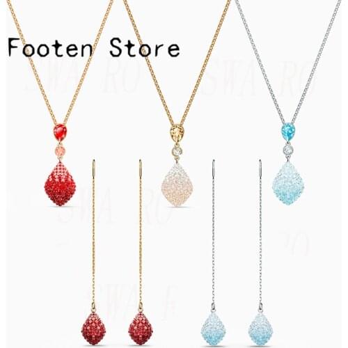 SWA New Fashion Classic Sea Blue Gold Red Crystal Water Droplets Fun Earring Necklace Set For Girlfriend Romantic Exquisite Gift
